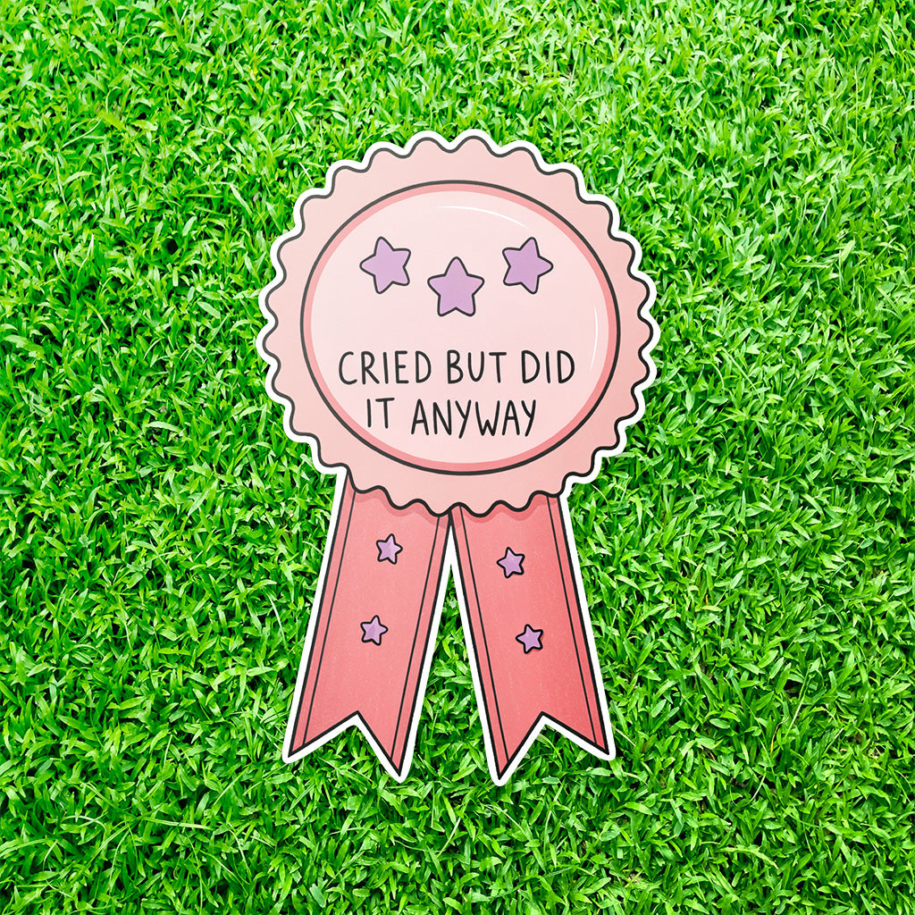 Cried But Did It Anyway Sticker - Funny, Trendy Mental Health Decal for Laptops and Water Bottles