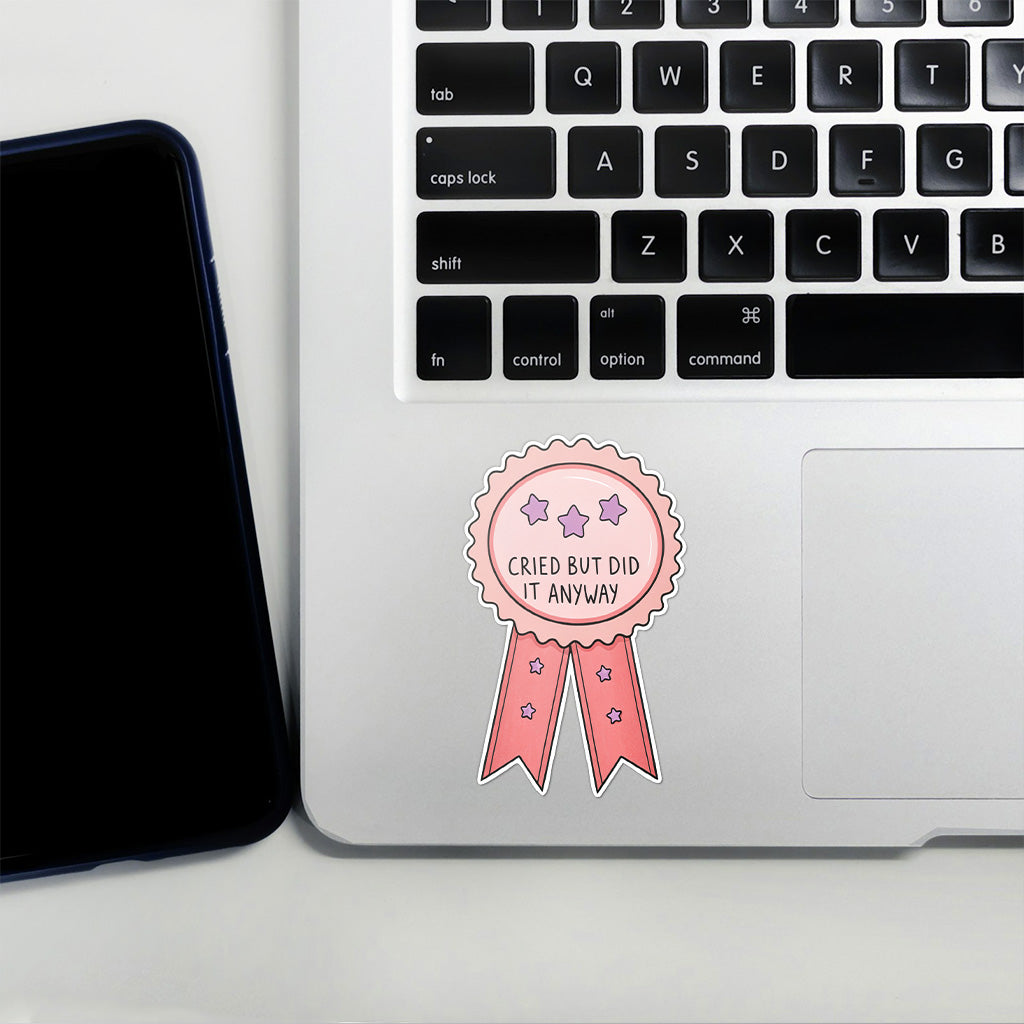 Cried But Did It Anyway Sticker - Funny, Trendy Mental Health Decal for Laptops and Water Bottles