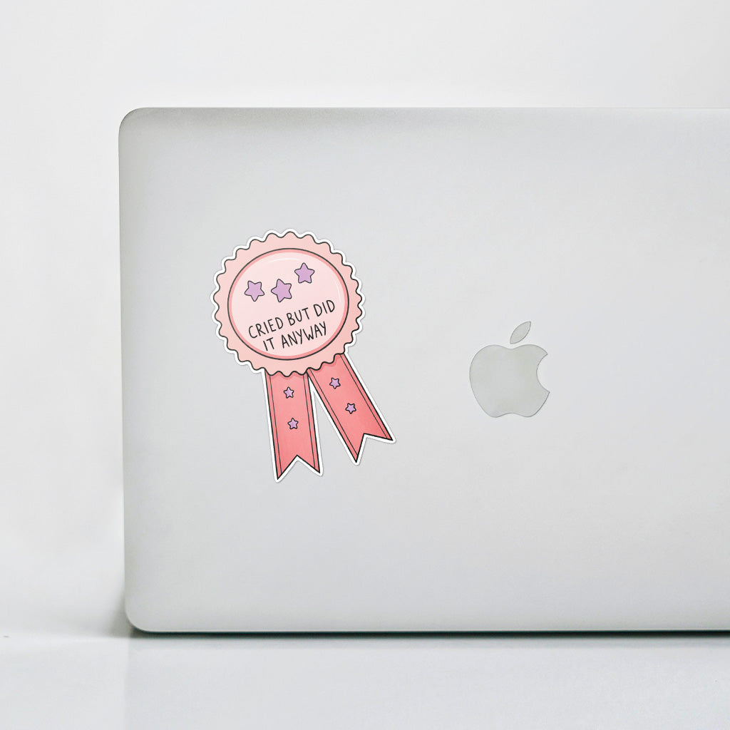 Cried But Did It Anyway Sticker - Funny, Trendy Mental Health Decal for Laptops and Water Bottles