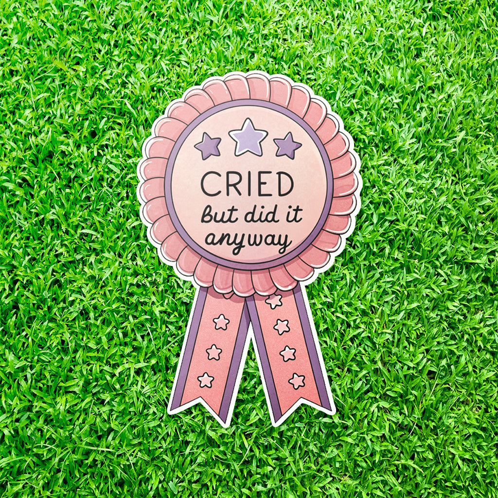 Cried But Did It Anyway Sticker - Funny, Trendy Mental Health Decal for Laptops and Water Bottles