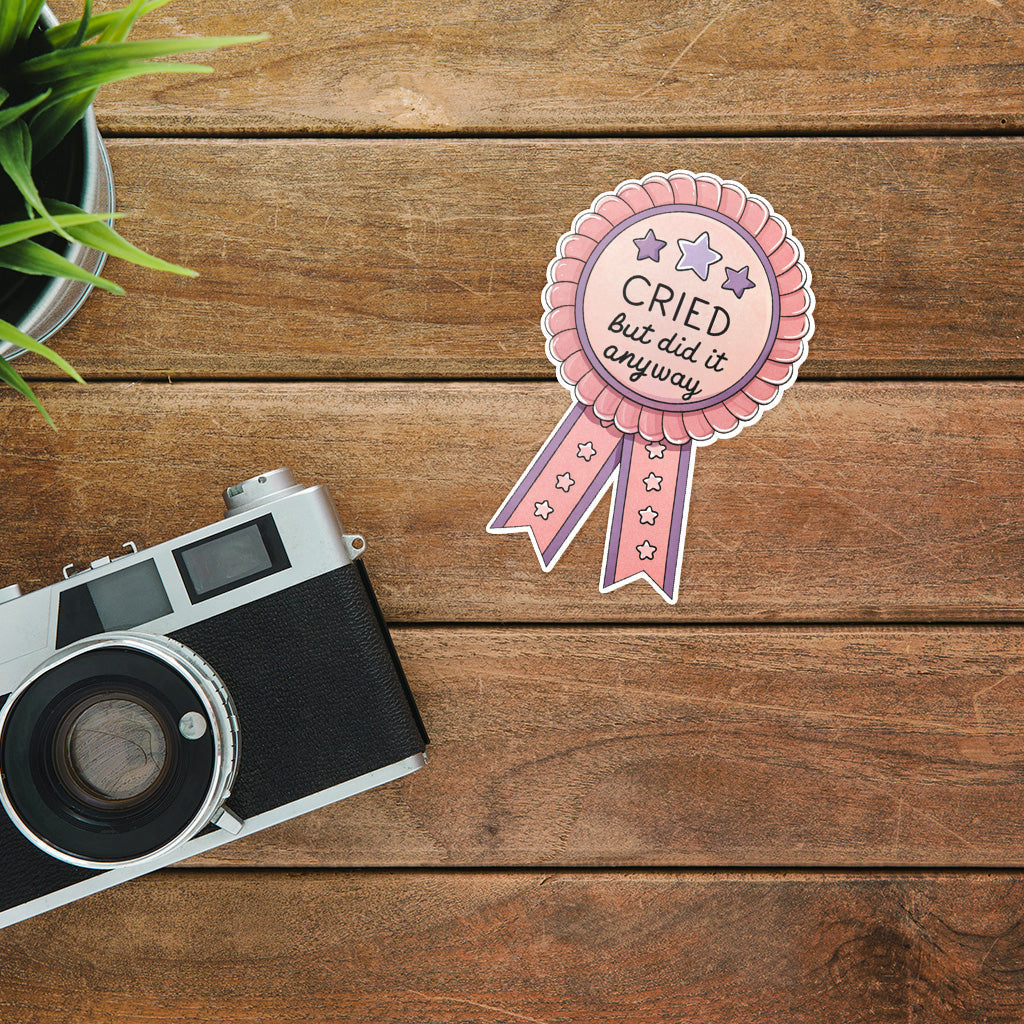 Cried But Did It Anyway Sticker - Funny, Trendy Mental Health Decal for Laptops and Water Bottles