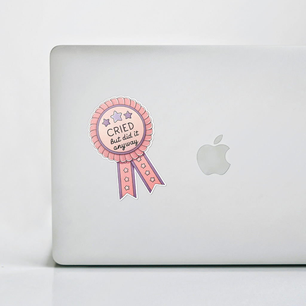 Cried But Did It Anyway Sticker - Funny, Trendy Mental Health Decal for Laptops and Water Bottles